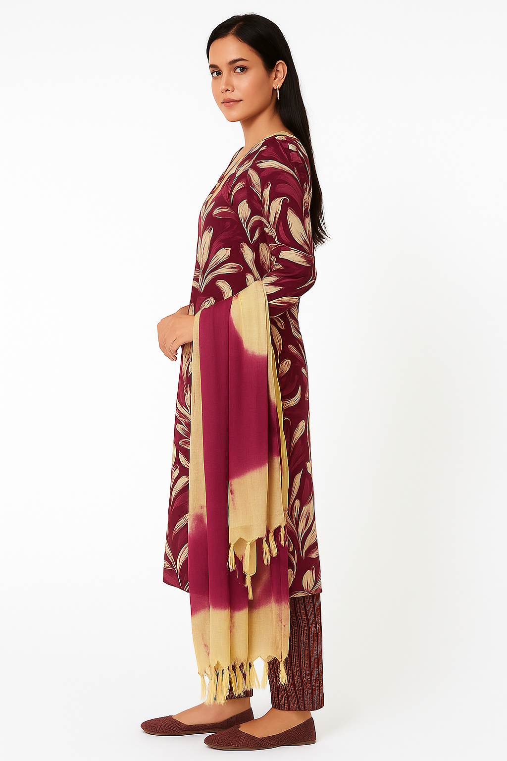 Women's Maroon Cotton Kurta Salwar Dupatta Set | Floral Printed Kurti with Tie-Dye Dupatta | Casual & Festive Ethnic Wear