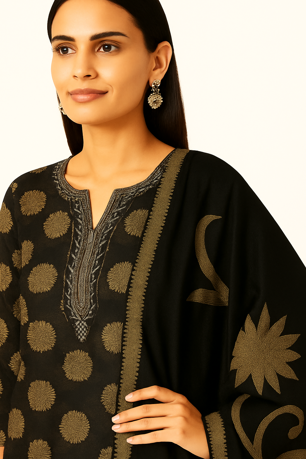 Women's Black & Gold Floral Printed Cotton Kurta Set with Dupatta – Festive & Party Wear