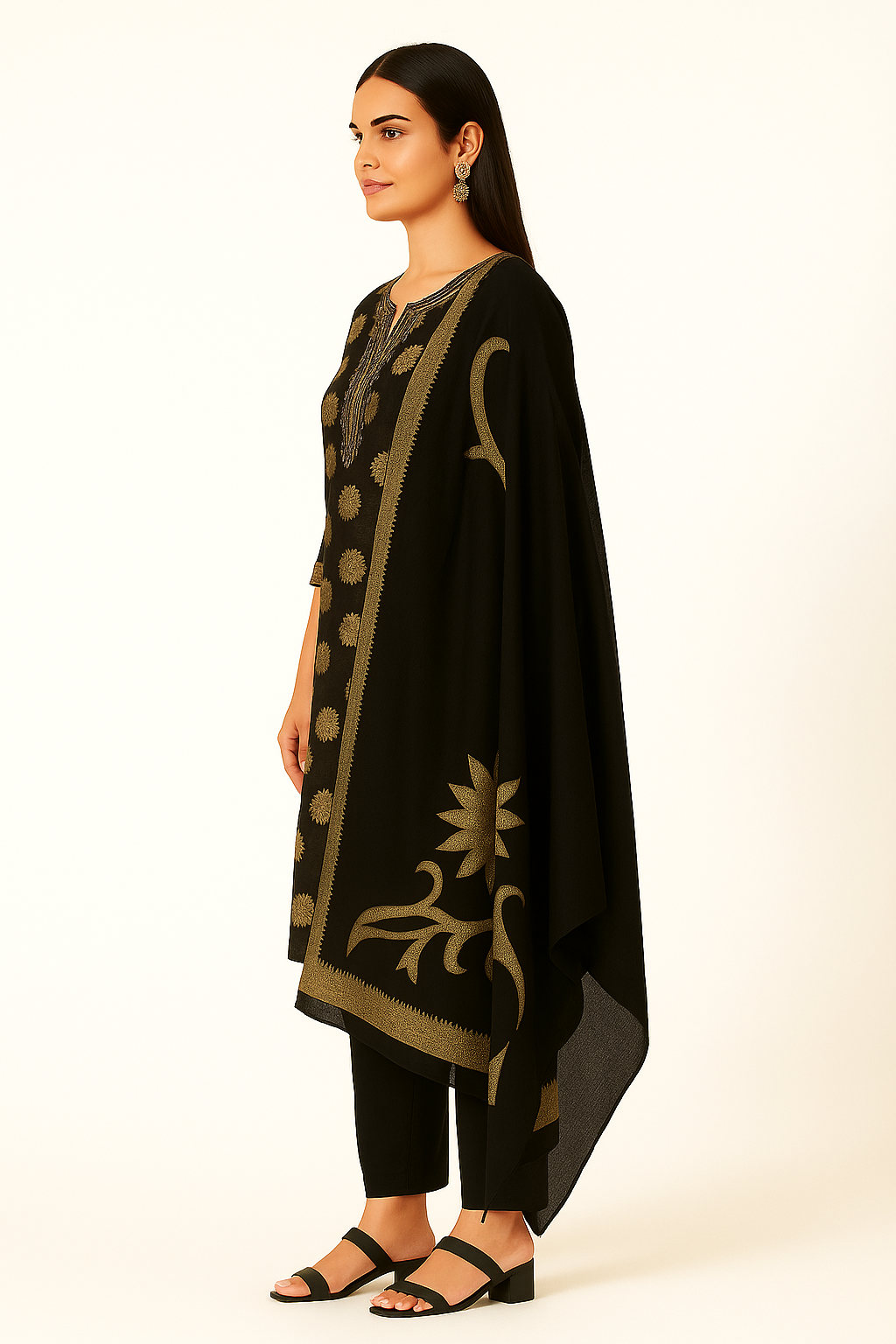 Women's Black & Gold Floral Printed Cotton Kurta Set with Dupatta – Festive & Party Wear