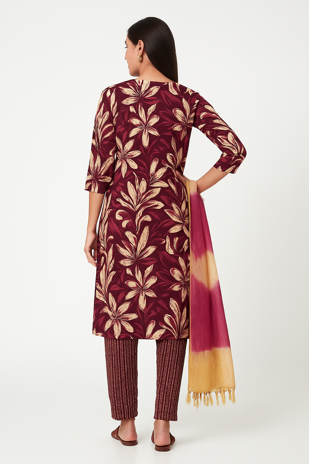 Women's Maroon Cotton Kurta Salwar Dupatta Set | Floral Printed Kurti with Tie-Dye Dupatta | Casual & Festive Ethnic Wear