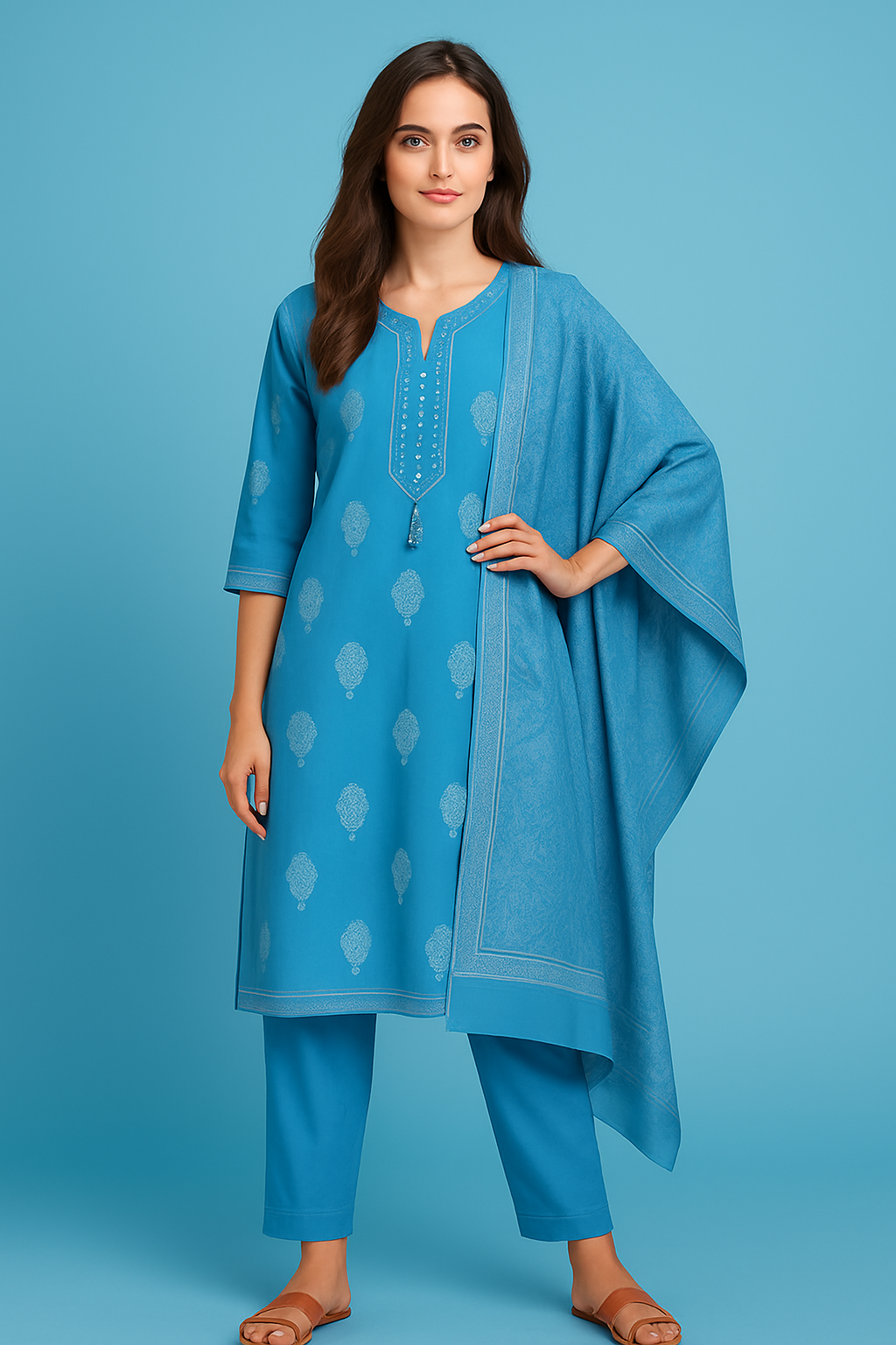 Women's Blue Pure Cotton Kurta Set | Printed Kurti with Tassel Detailing | Salwar & Dupatta | Casual & Office Wear