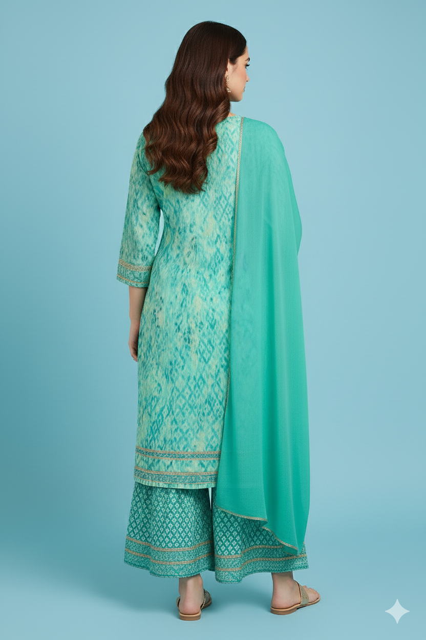 Women's Aqua Green Embroidered Cotton Kurta Sharara Set with Tie-Dye Dupatta