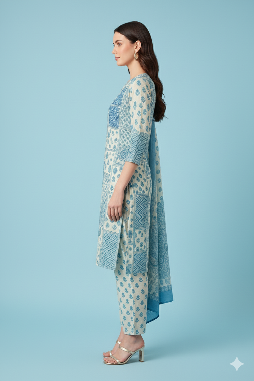 Women's Grey & Blue Cotton Printed Kurta Set with Dupatta – Paisley & Geometric Design