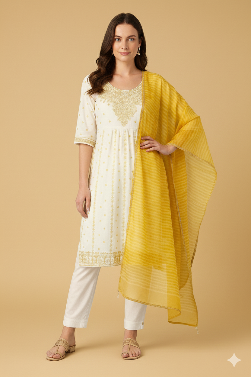 Women's White & Gold Embroidered Cotton Anarkali Kurta Set with Tie-Dye Dupatta