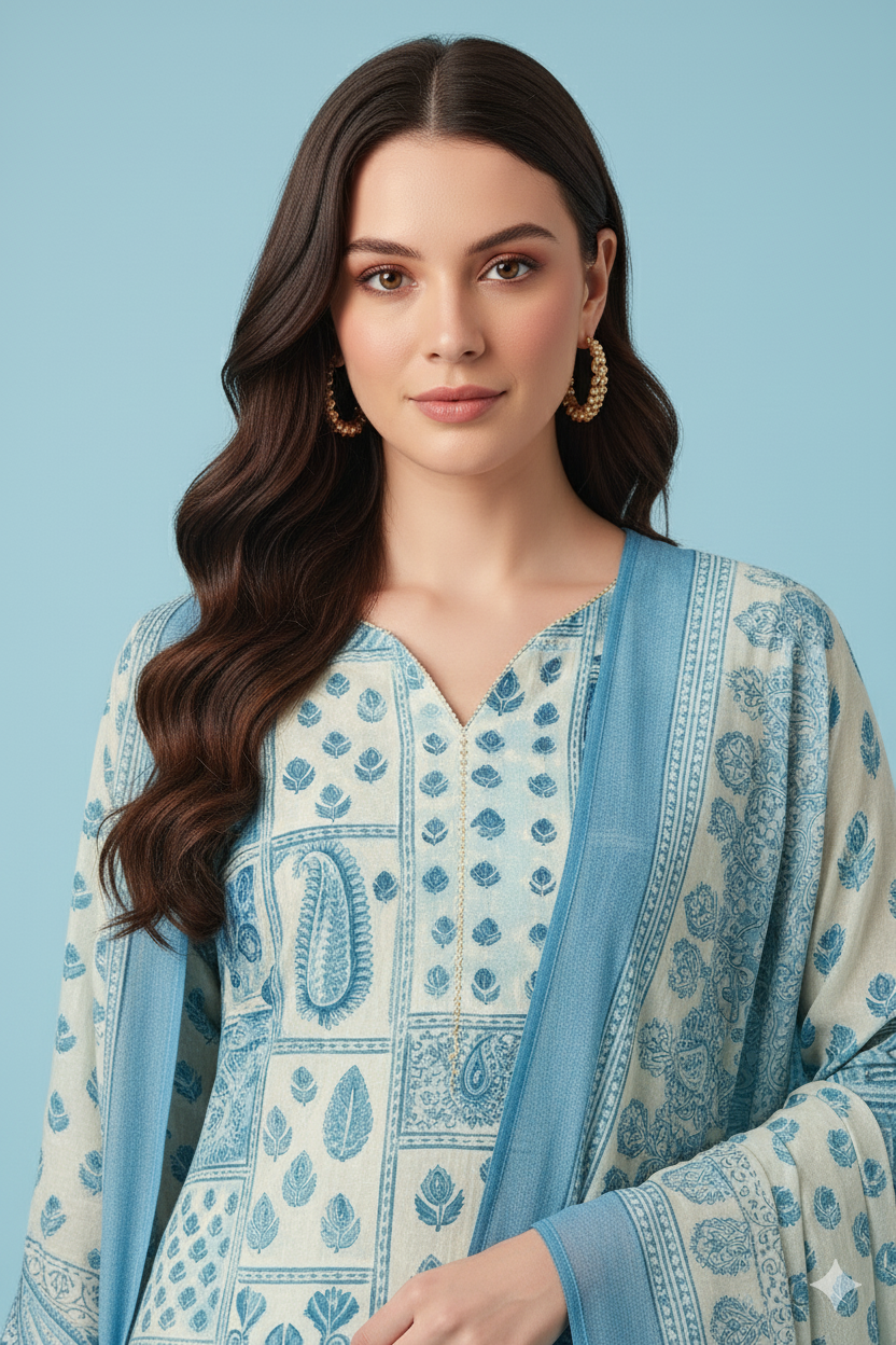 Women's Grey & Blue Cotton Printed Kurta Set with Dupatta – Paisley & Geometric Design