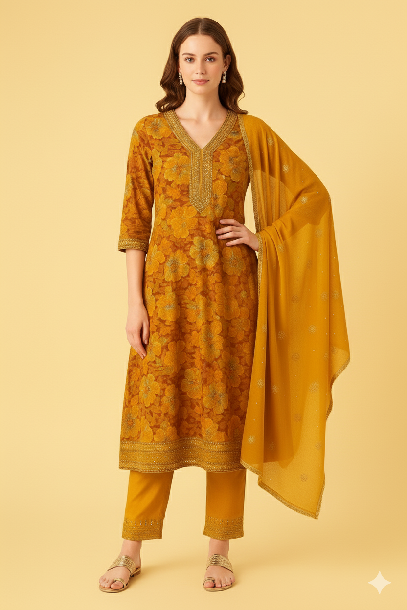 Women's Yellow Floral Printed Cotton Kurta Set with Dupatta & Sequin Embellishments