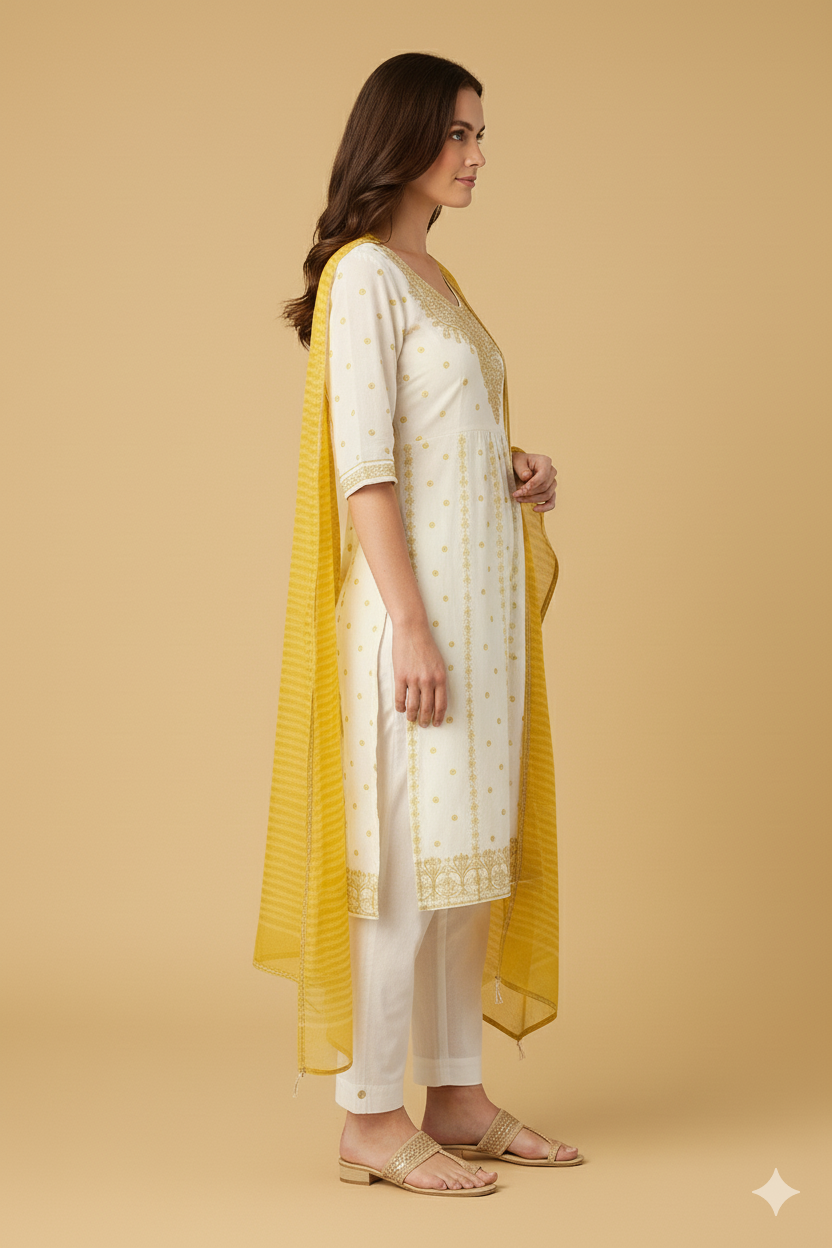 Women's White & Gold Embroidered Cotton Anarkali Kurta Set with Tie-Dye Dupatta