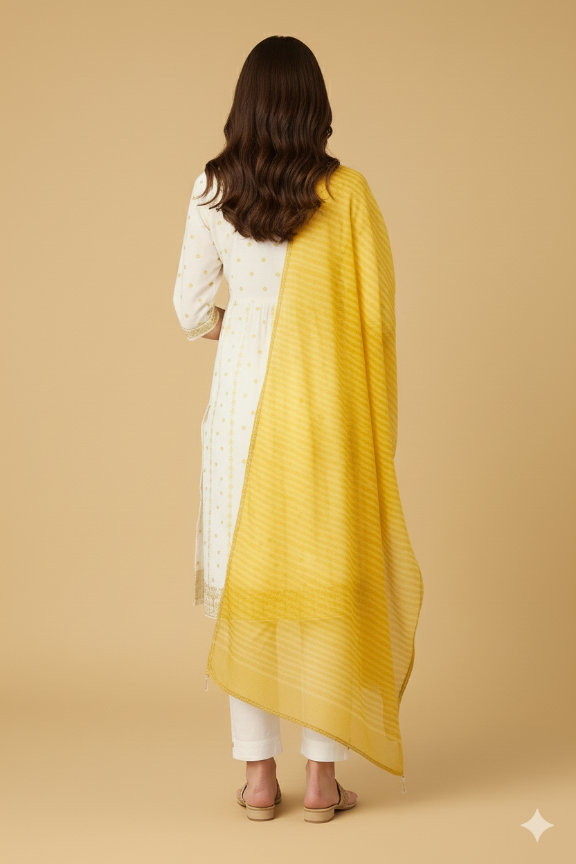 Women's White & Gold Embroidered Cotton Anarkali Kurta Set with Tie-Dye Dupatta