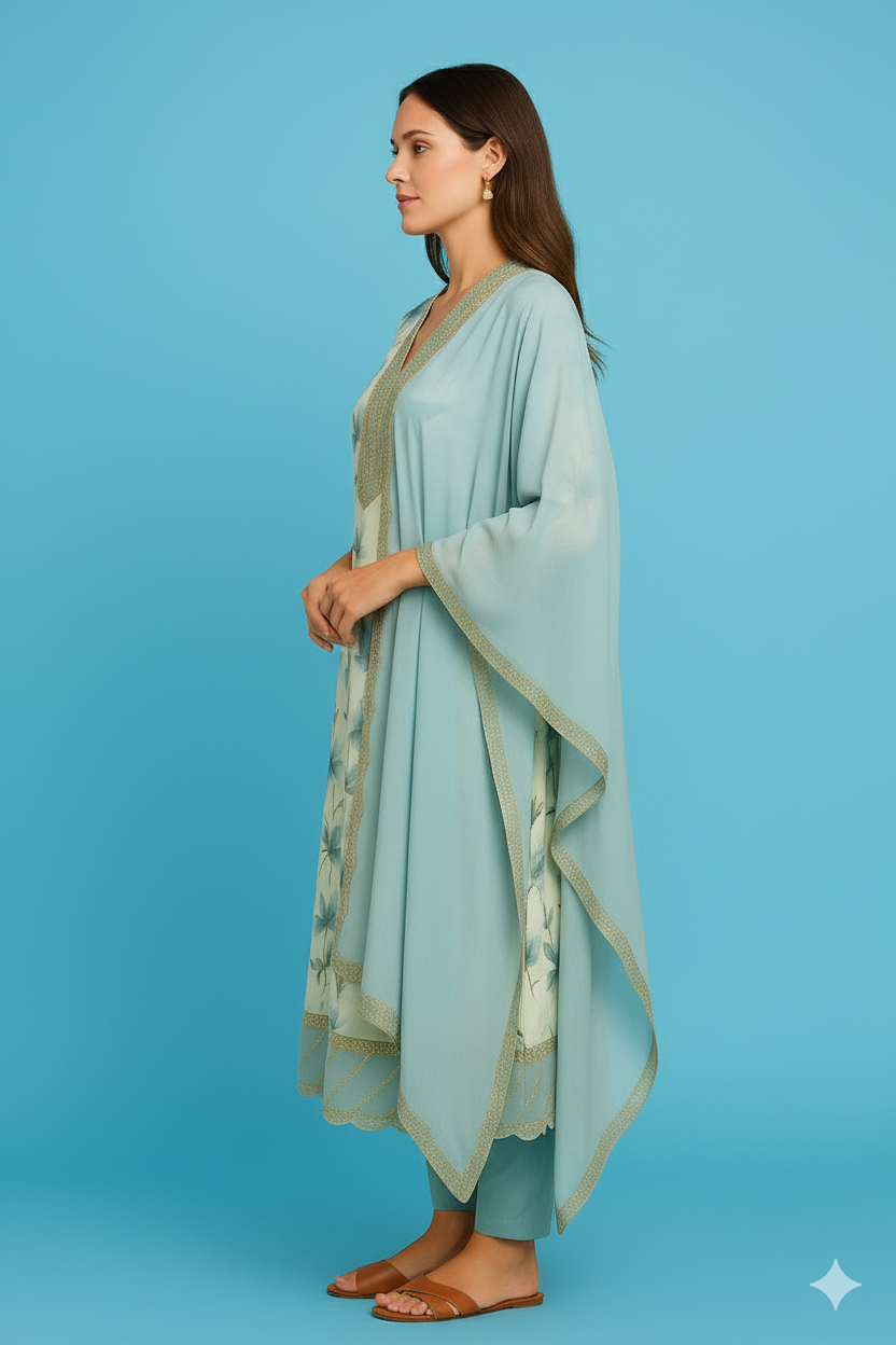 Women's Aqua Blue Floral Printed Cotton Anarkali Kurta Set with Dupatta & Sequin Work