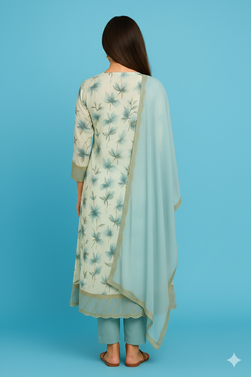 Women's Aqua Blue Floral Printed Cotton Anarkali Kurta Set with Dupatta & Sequin Work