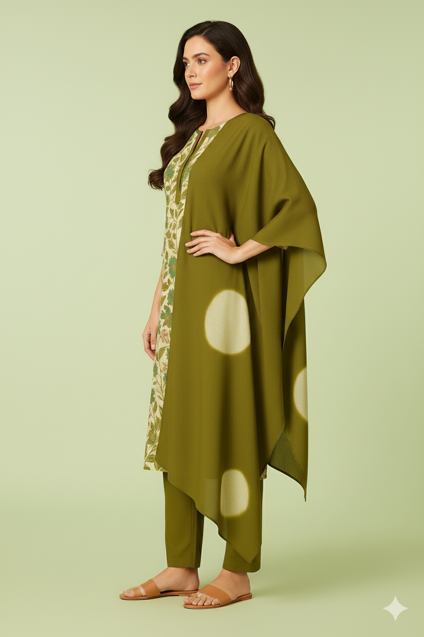 Women's Green Floral Printed Muslin Cotton Kurta Set with Asymmetric Kaftan Style Dupatta