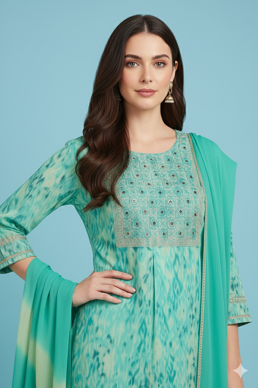 Women's Aqua Green Embroidered Cotton Kurta Sharara Set with Tie-Dye Dupatta