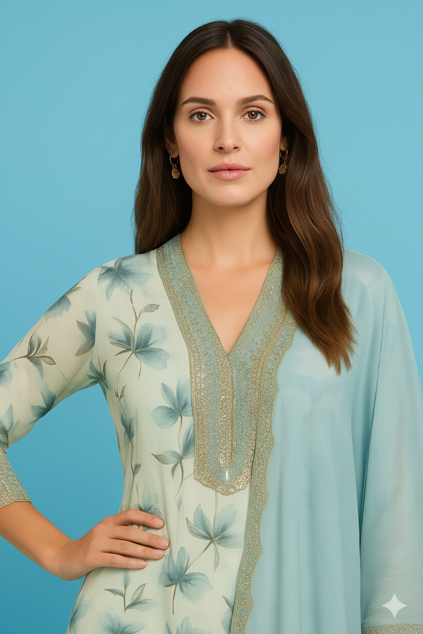 Women's Aqua Blue Floral Printed Cotton Anarkali Kurta Set with Dupatta & Sequin Work