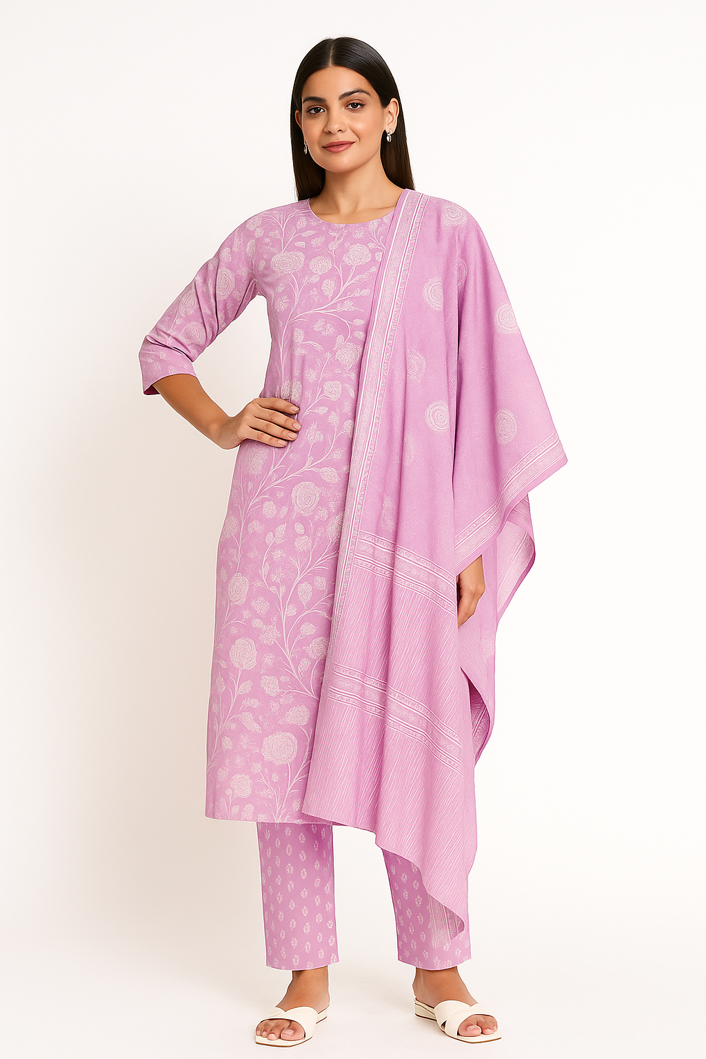 Women's Lavender Pink Pure Cotton Kurta Set | Printed Kurti with Salwar & Dupatta | Casual & Daily Wear Ethnic Suit