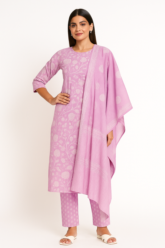 Women's Lavender Pink Pure Cotton Kurta Set | Printed Kurti with Salwar & Dupatta | Casual & Daily Wear Ethnic Suit