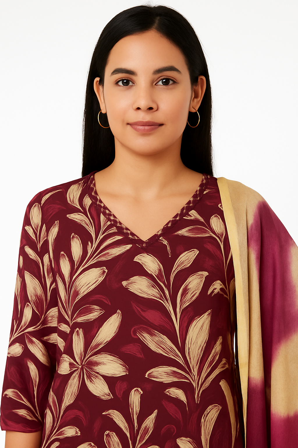Women's Maroon Cotton Kurta Salwar Dupatta Set | Floral Printed Kurti with Tie-Dye Dupatta | Casual & Festive Ethnic Wear