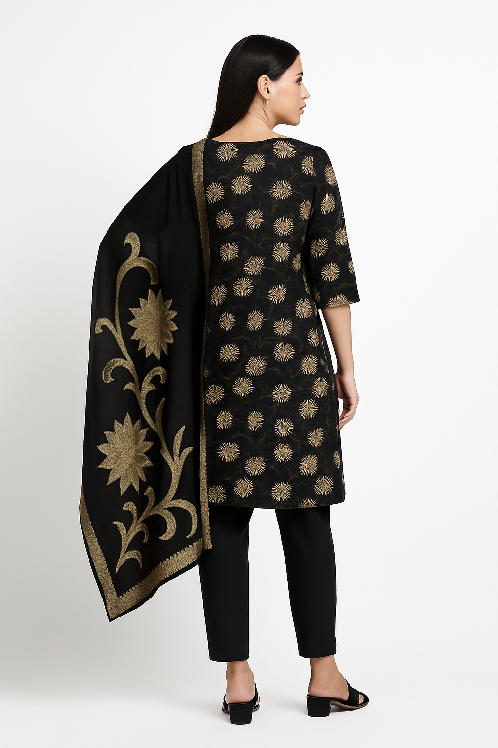 Women's Black & Gold Floral Printed Cotton Kurta Set with Dupatta – Festive & Party Wear