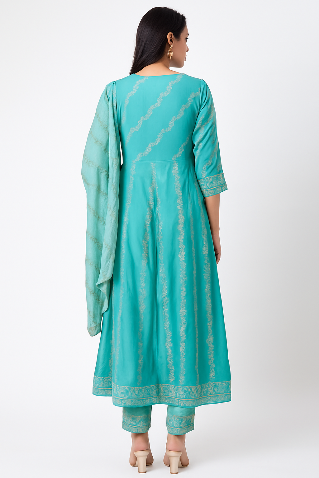 Women's Turquoise & Silver Embroidered Cotton Anarkali Kurta Set with Dupatta