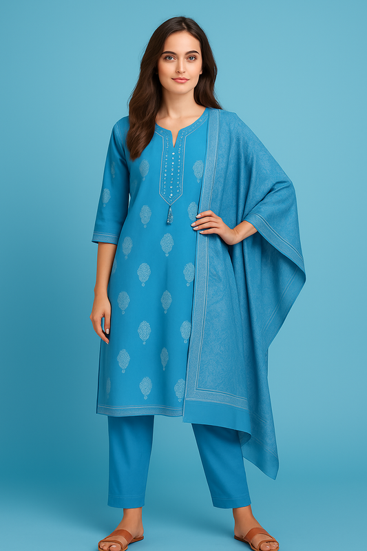 Women's Blue Pure Cotton Kurta Set | Printed Kurti with Tassel Detailing | Salwar & Dupatta | Casual & Office Wear