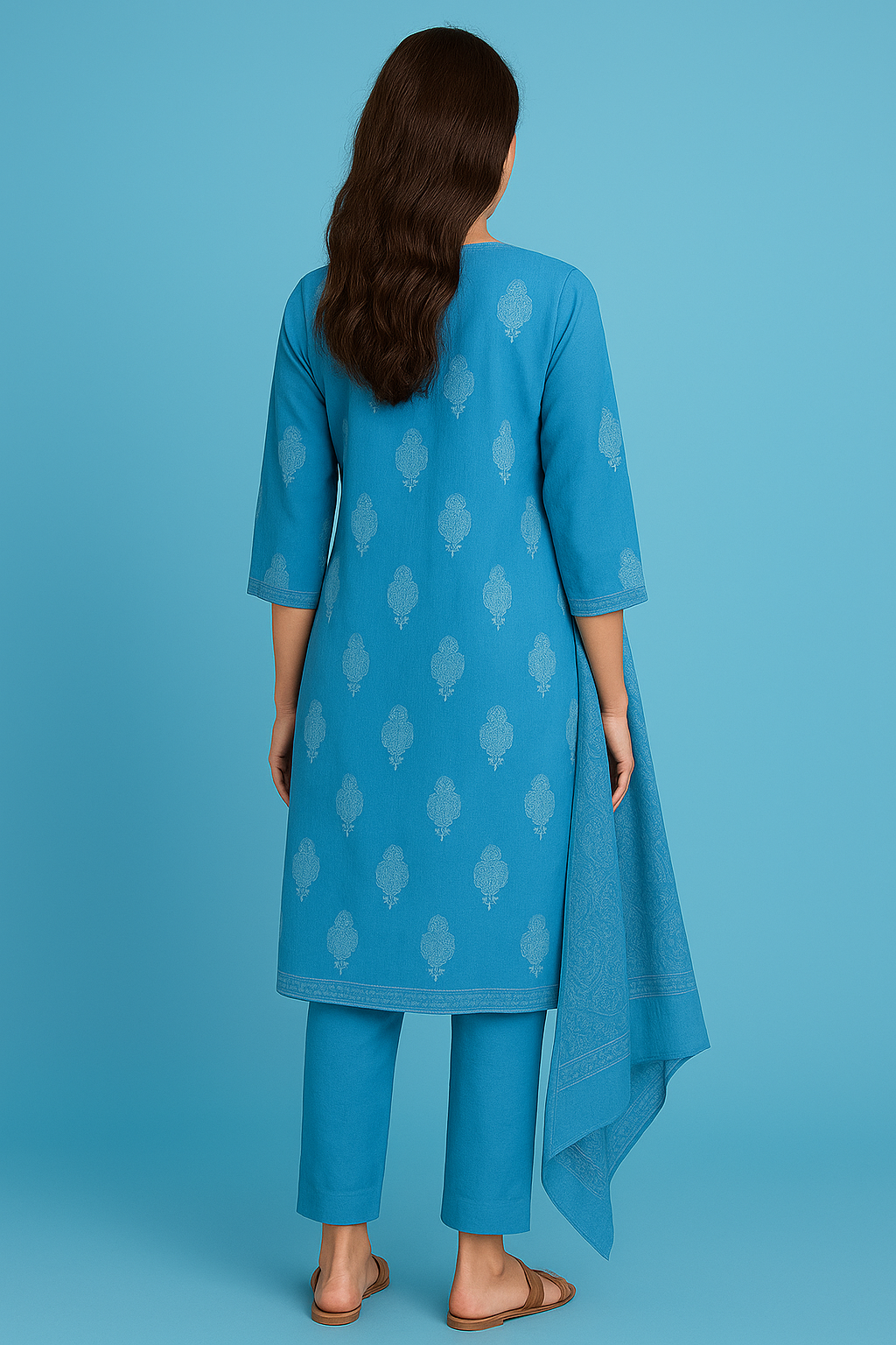 Women's Blue Pure Cotton Kurta Set | Printed Kurti with Tassel Detailing | Salwar & Dupatta | Casual & Office Wear