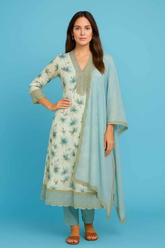 Women's Aqua Blue Floral Printed Cotton Anarkali Kurta Set with Dupatta & Sequin Work