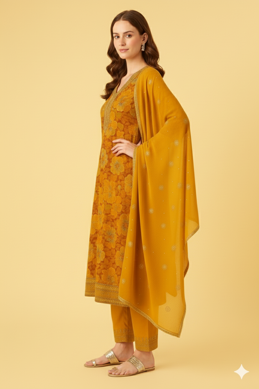 Women's Yellow Floral Printed Cotton Kurta Set with Dupatta & Sequin Embellishments