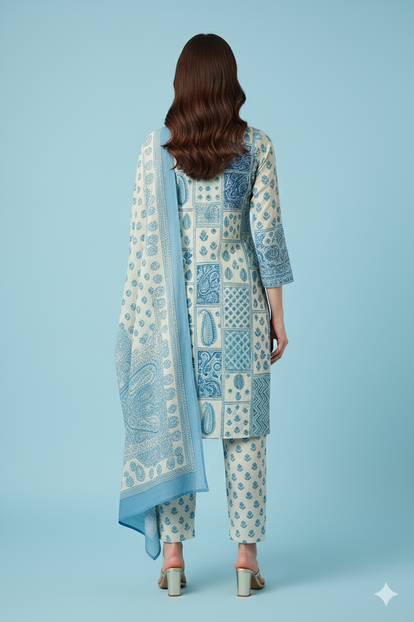 Women's Grey & Blue Cotton Printed Kurta Set with Dupatta – Paisley & Geometric Design