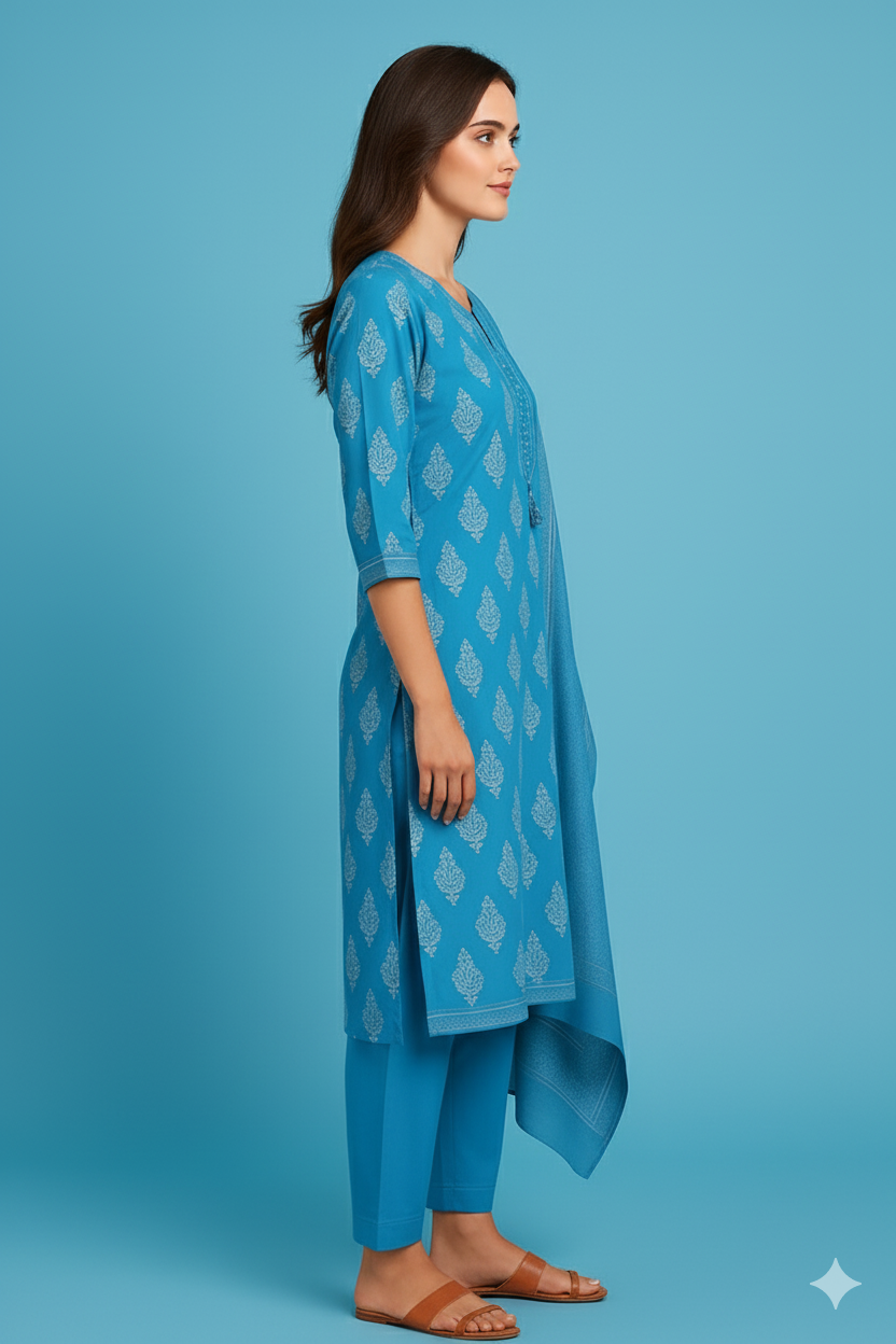 Women's Blue Pure Cotton Kurta Set | Printed Kurti with Tassel Detailing | Salwar & Dupatta | Casual & Office Wear