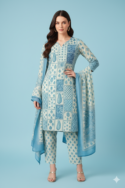 Women's Grey & Blue Cotton Printed Kurta Set with Dupatta – Paisley & Geometric Design