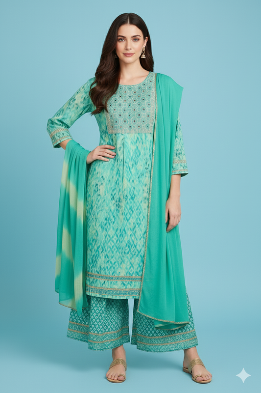 Women's Aqua Green Embroidered Cotton Kurta Sharara Set with Tie-Dye Dupatta