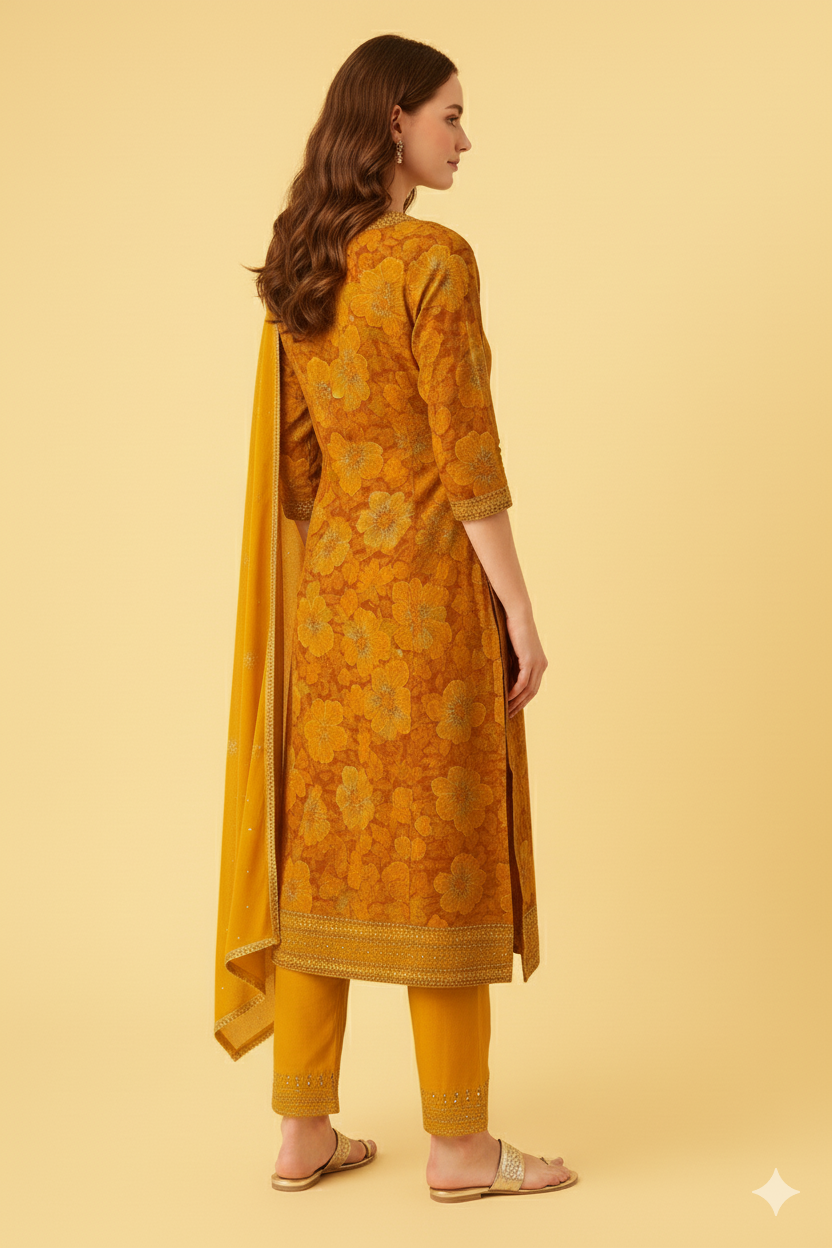 Women's Yellow Floral Printed Cotton Kurta Set with Dupatta & Sequin Embellishments