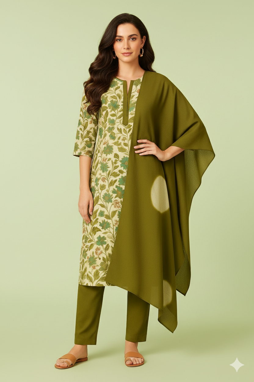 Women's Green Floral Printed Muslin Cotton Kurta Set with Asymmetric Kaftan Style Dupatta