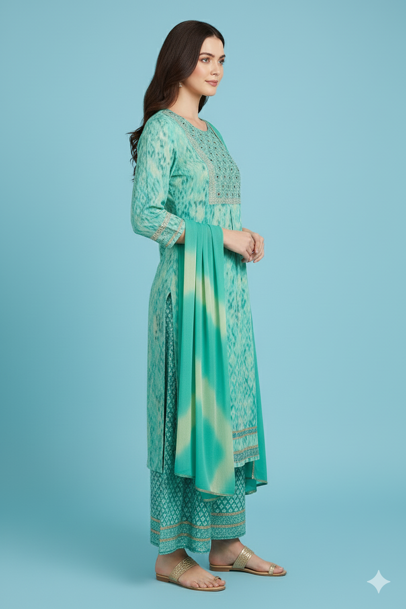 Women's Aqua Green Embroidered Cotton Kurta Sharara Set with Tie-Dye Dupatta