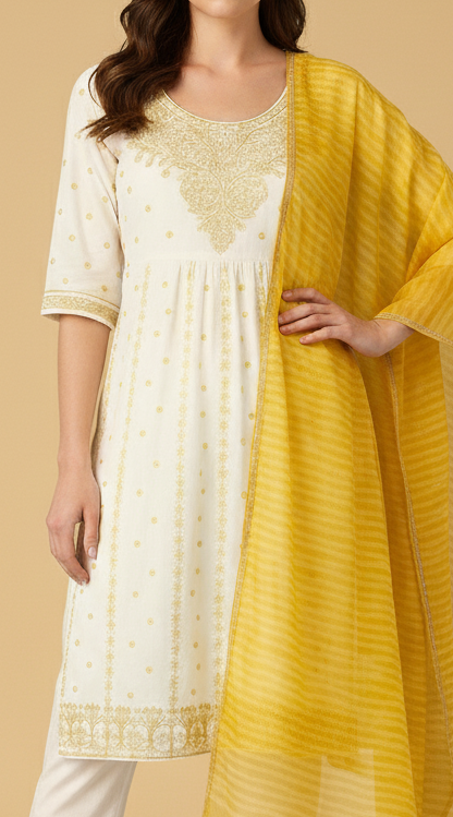 Women's White & Gold Embroidered Cotton Anarkali Kurta Set with Tie-Dye Dupatta