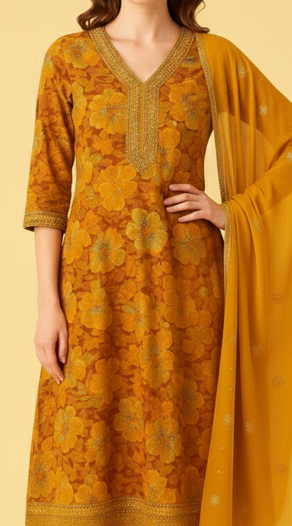 Women's Yellow Floral Printed Cotton Kurta Set with Dupatta & Sequin Embellishments